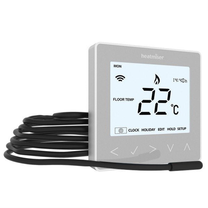 Heatmiser neoStat 12v Platinum Silver, Sensor Cable & Housing – Programmable Thermostat Hard Wired