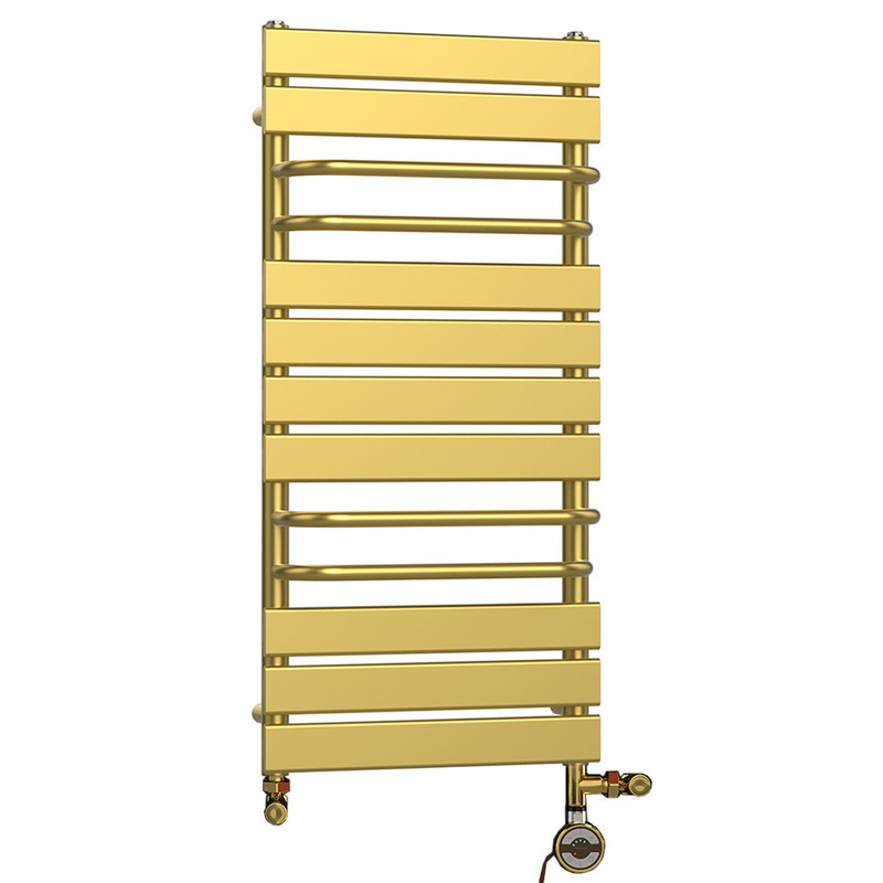 500mm Wide x 1000mm Dual Fuel Designer Flat Gold Towel Rail Radiator With Towel Holders