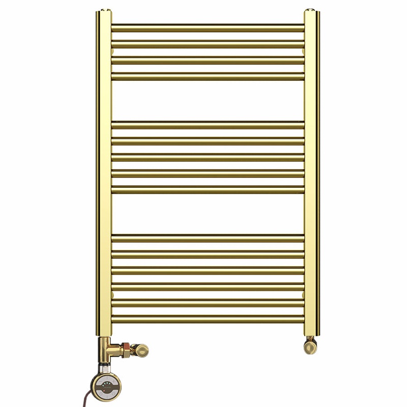 Small Dual Fuel 550mm x 800mm Shiny Gold Heated Towel Rail Radiator- (incl. Valves + Electric Heating Kit)