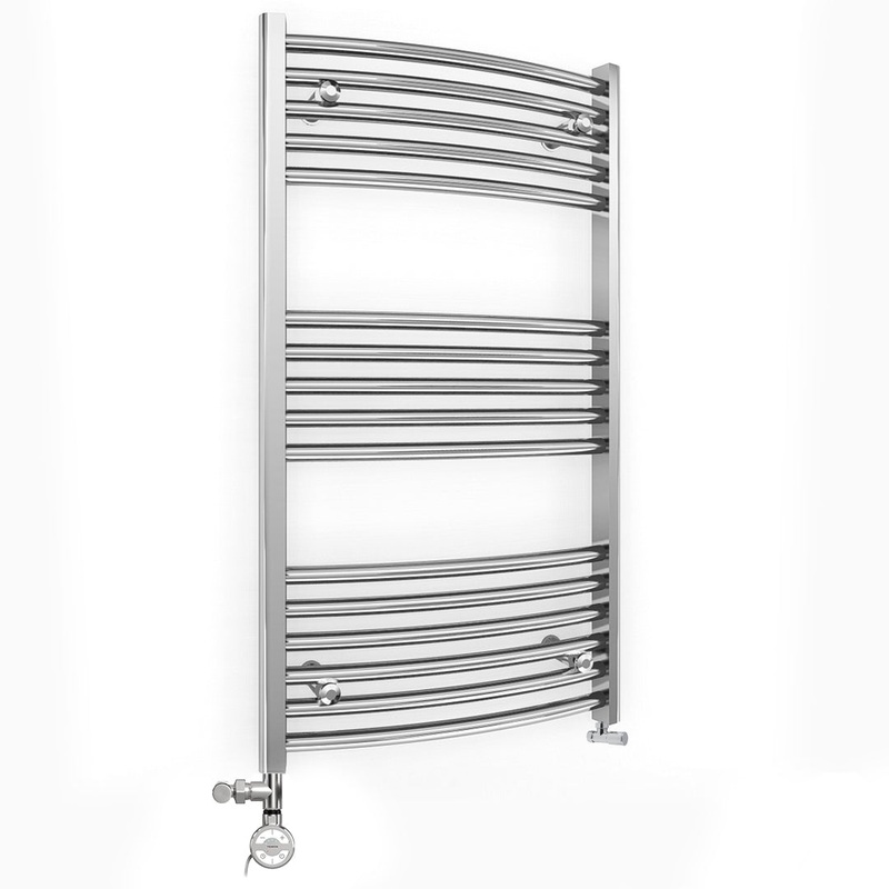 Small Dual Fuel 550mm x 900mm Curved Chrome Heated Towel Rail Radiator- (incl. Valves + Electric Heating Kit)