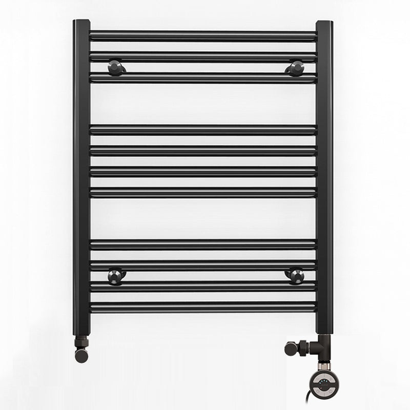 Small Dual Fuel 550mm x 600mm Straight Matt Matt Black Heated Towel Rail – (incl. Valves + Electric Heating Kit)