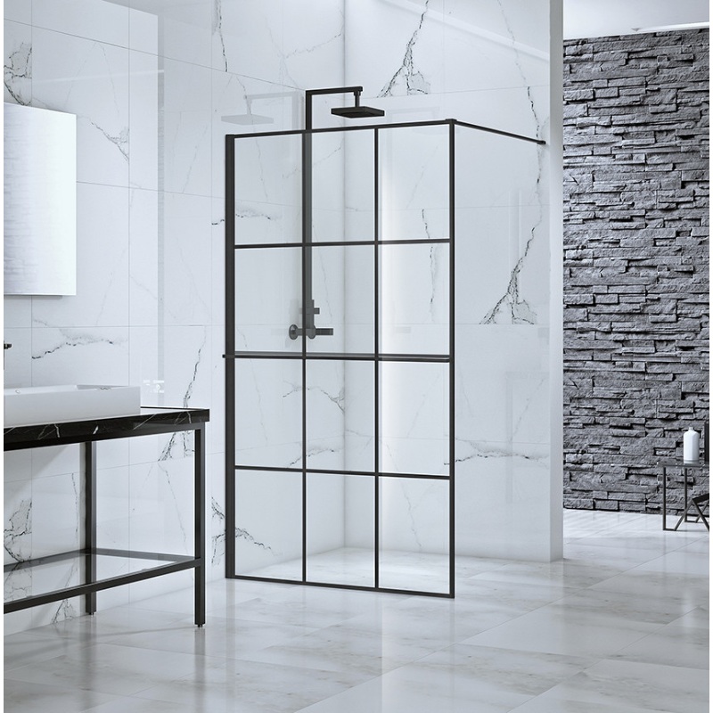 Velar+ Frame Matt Black Walk In Panel 900mm with Stabilising Bar and Towel Rail